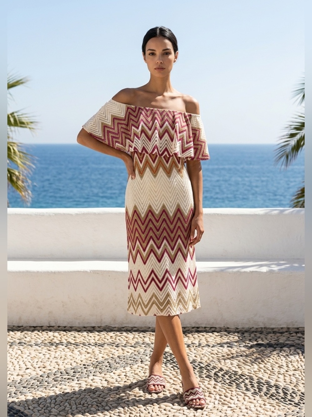 Judith March Cream, Olive & Magenta Chevron Off-Shoulder Dress
